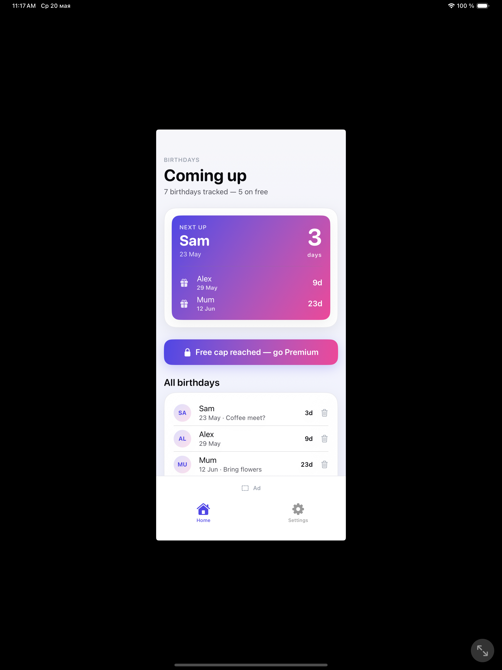 Birthday List — home screen