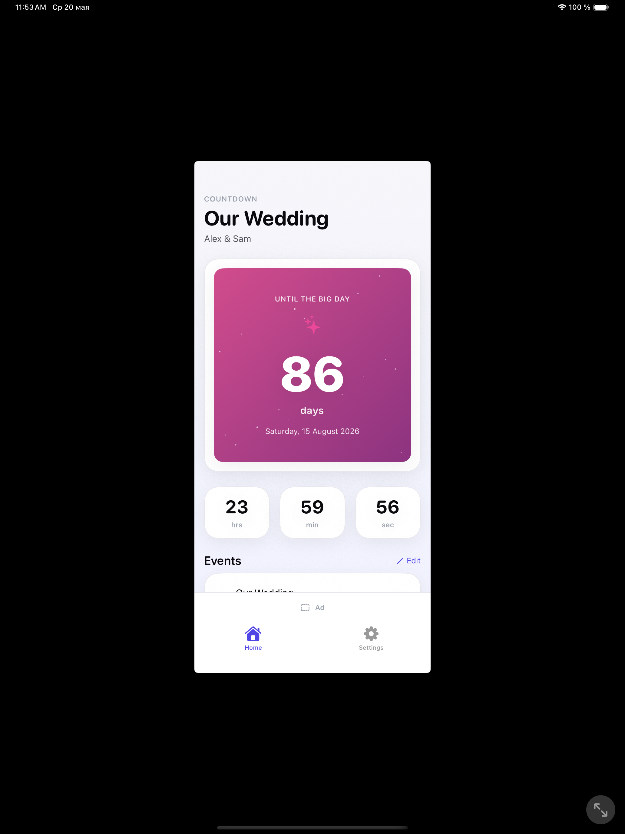 Wedding Countdown — home screen